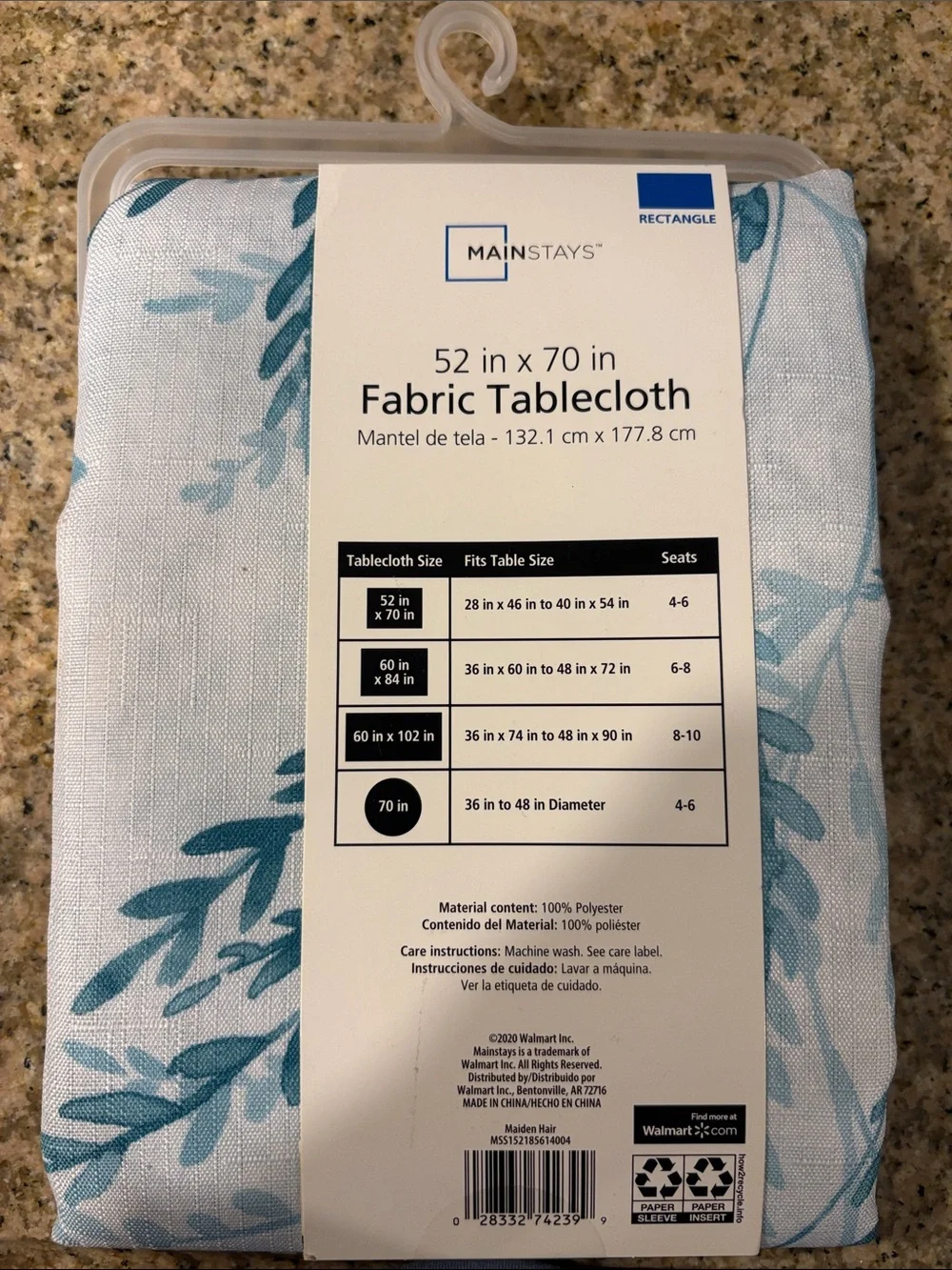 Mainstays Blue and White Leaf Print Fabric Tablecloth